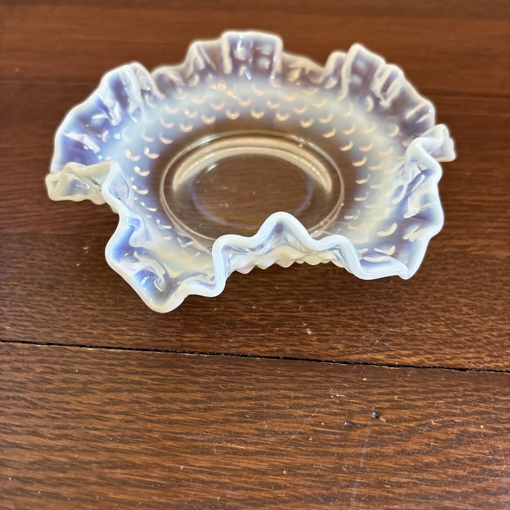 Fenton Moonstone Candy Dish Hobnail Opalescent Art Glass Vintage White Ruffled